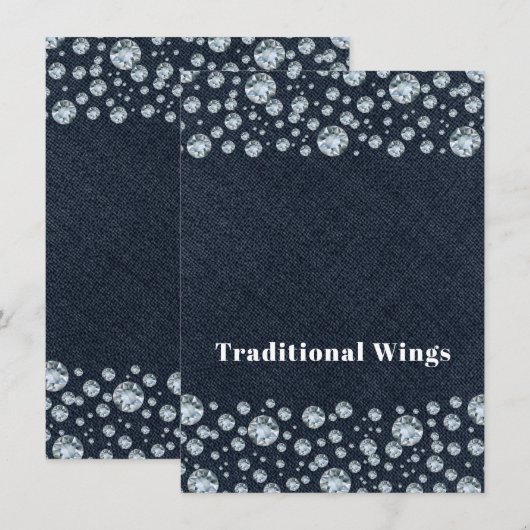 Denim & Diamonds Bling Glitter TAFEL VOEDSEL TENT Kaart (Voorkant / Achterkant)