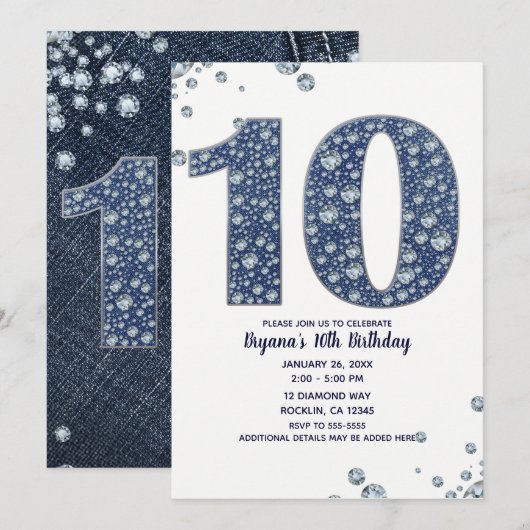 Denim & Diamonds Bling Glitters 10e 10 Verjaardag Kaart (Voorkant / Achterkant)