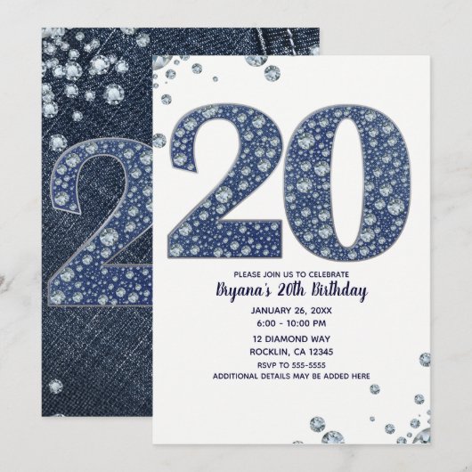 Denim & Diamonds Bling Glitters 20TH 20e Verjaarda Kaart (Voorkant / Achterkant)