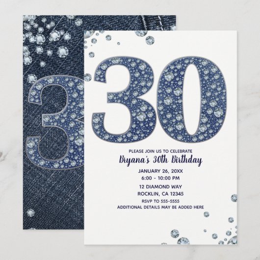 Denim & Diamonds Bling Glitters 30TH 30e Verjaarda Kaart (Voorkant / Achterkant)