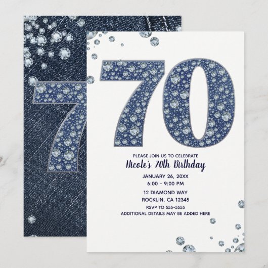 Denim & Diamonds Bling Glitters 70TH 70 Verjaardag Kaart (Voorkant / Achterkant)