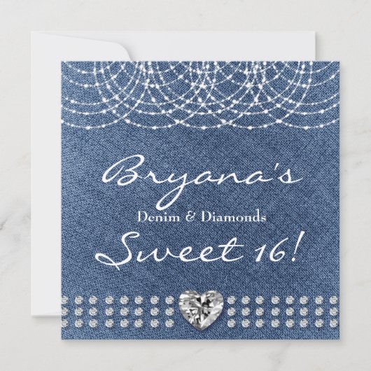 Denim & Diamonds Bling Hart Sweet 16 Feestje Kaart (Voorkant)