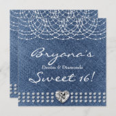 Denim & Diamonds Bling Heart Sweet 16 Party Kaart (Voorkant / Achterkant)