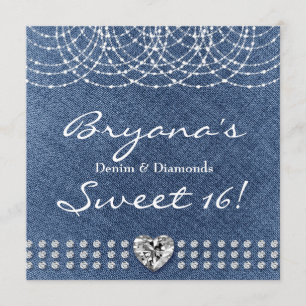 Denim & Diamonds Bling Heart Sweet 16 Party Kaart