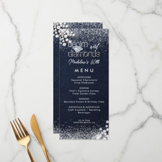 Denim Diamonds Bling Klasse Elegante Verjaardagsfe Menu (Voorkant / Achterkant in situ)