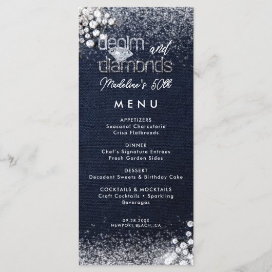 Denim Diamonds Bling Klasse Elegante Verjaardagsfe Menu (Voorkant)