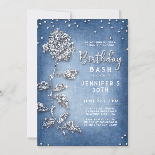Denim Diamonds Bling Roos Wit Blauw 30e Verjaardag Kaart (Voorkant)