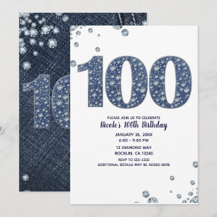 Denim & Diamonds Bling Schitter 100TH 100 Verjaard Kaart