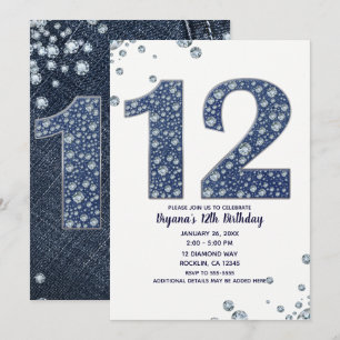 Denim & Diamonds Bling Schitteren 12 12e Verjaarda Kaart