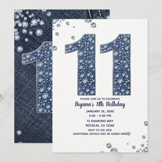 Denim & Diamonds Bling Sparkle 11e 11 Verjaardag Kaart (Voorkant / Achterkant)