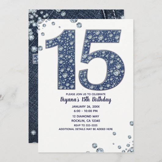 Denim & Diamonds Bling Sparkle 15th 15 Birthday Kaart (Voorkant / Achterkant)