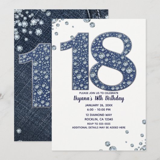 Denim & Diamonds Bling Sparkle 18TH 18 Verjaardag Kaart (Voorkant / Achterkant)