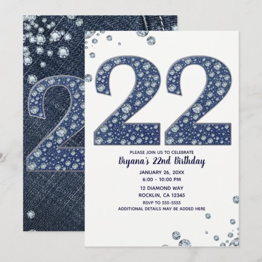 Denim & Diamonds Bling Sparkle 22 22ste verjaardag Kaart (Voorkant / Achterkant)