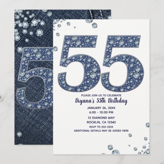 Denim & Diamonds Bling Sparkle 55TH 55 Verjaardag Kaart (Voorkant / Achterkant)
