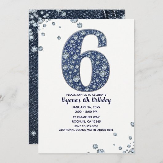 Denim & Diamonds Bling Sparkle 6th 6th Birthday Kaart (Voorkant / Achterkant)