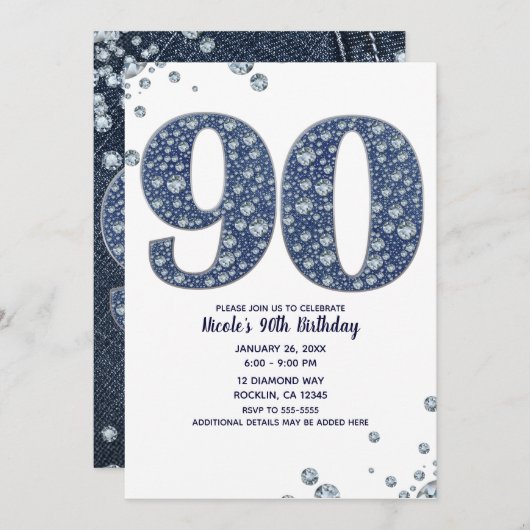 Denim & Diamonds Bling Sparkle 90TH 90 Birthday Kaart (Voorkant / Achterkant)
