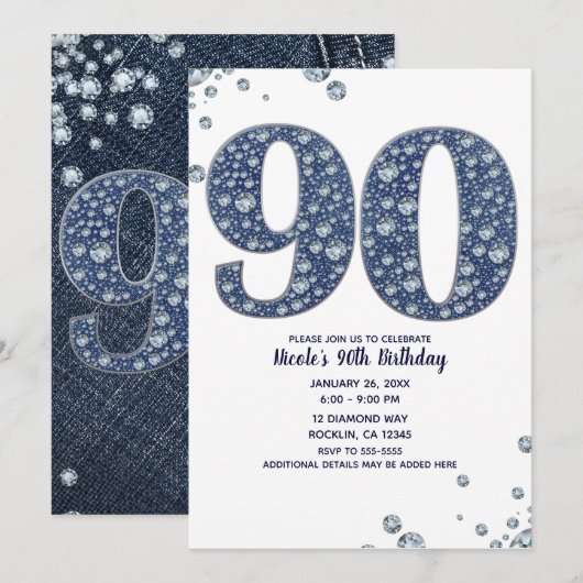 Denim & Diamonds Bling Sparkle 90TH 90 Verjaardag Kaart (Voorkant / Achterkant)