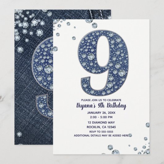 Denim & Diamonds Bling Sparkle 9de 9 Verjaardag Kaart (Voorkant / Achterkant)