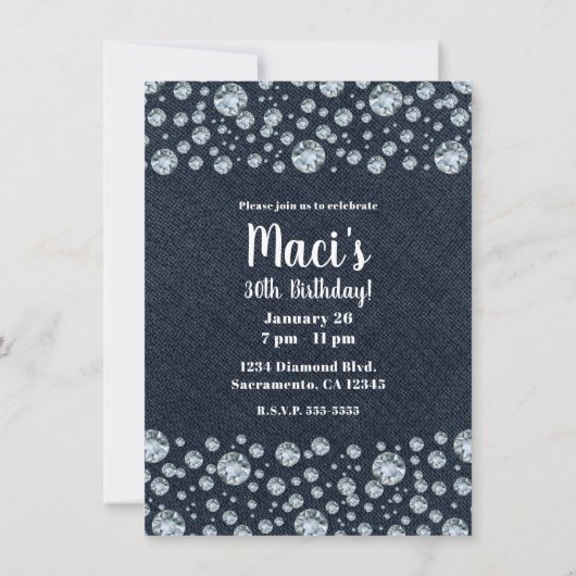 Denim & Diamonds Bling Sparkle Birthday Party Glam Kaart (Achterkant)