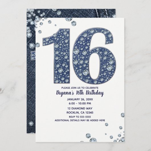 Denim & Diamonds Bling Sparkle Sweet 16 Birthday Kaart (Voorkant / Achterkant)
