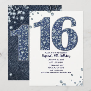 Denim & Diamonds Bling Sparkle Sweet 16 Birthday Kaart