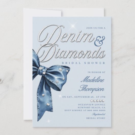 Denim Diamonds Blue Bow Chic Glam Vrijgezellenfees Kaart (Voorkant)