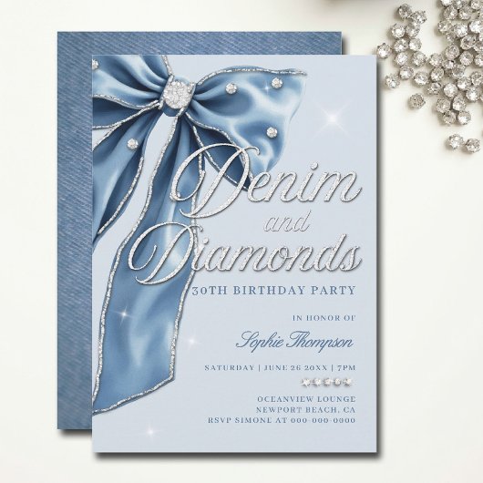 Denim Diamonds Blue Bow Script 30th Birthday Party Kaart