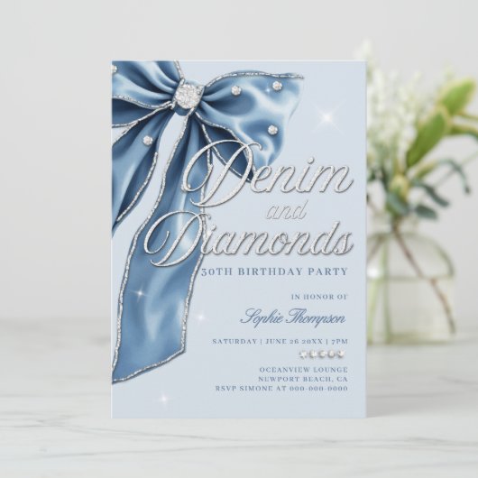 Denim Diamonds Blue Bow Script 30th Birthday Party Kaart (Staand voorkant)