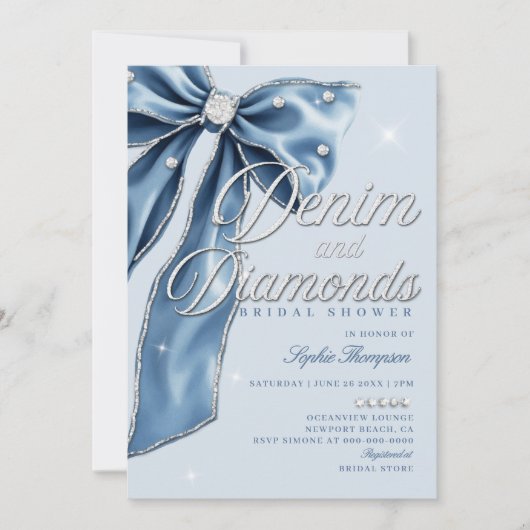Denim Diamonds Blue Bow Script Chic Bridal Shower Kaart (Voorkant)