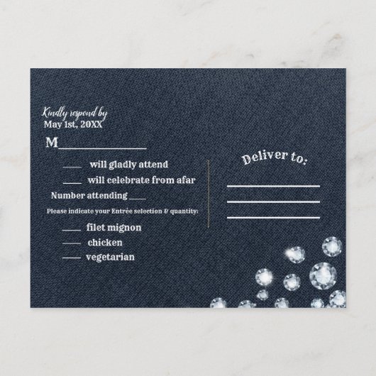 Denim & Diamonds Blue Jeans Bling Glam RSVP Uitnodiging Briefkaart (Achterkant)
