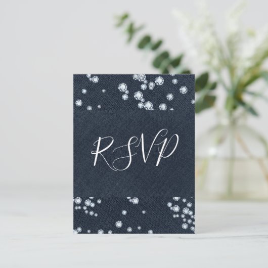 Denim & Diamonds Blue Jeans Bling Glam RSVP Uitnodiging Briefkaart (Staand voorkant)