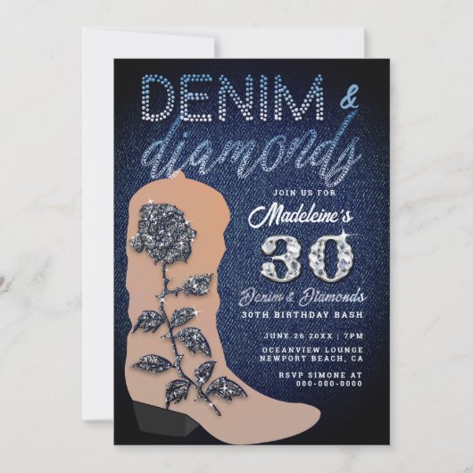 Denim Diamonds Boot Roos Rustic 30 Birthday Party Kaart (Voorkant)