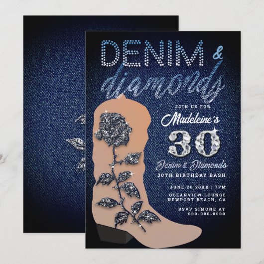 Denim Diamonds Boot Roos Rustic 30 Birthday Party Kaart (Voorkant / Achterkant)