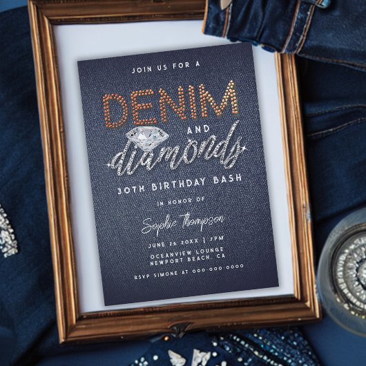 Denim Diamonds Brass Rhinestones Birthday Party Kaart