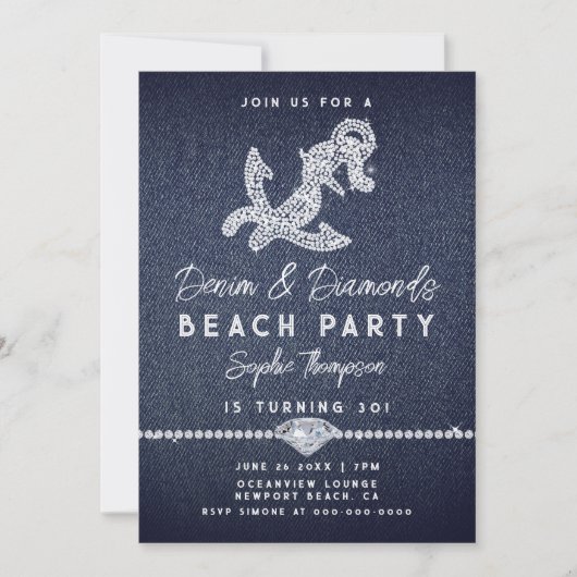 Denim Diamonds Coastal Anchor Beach Birthday Party Kaart (Voorkant)