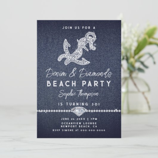 Denim Diamonds Coastal Anchor Beach Birthday Party Kaart (Staand voorkant)