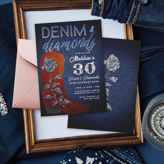 Denim Diamonds Cowgirl Bling Roos Birthday Party Kaart