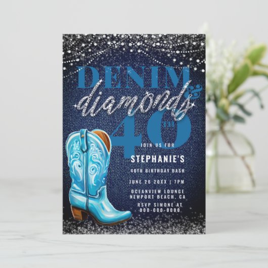 Denim Diamonds Cowgirl Boot Rustiek 40e Verjaardag Kaart (Staand voorkant)