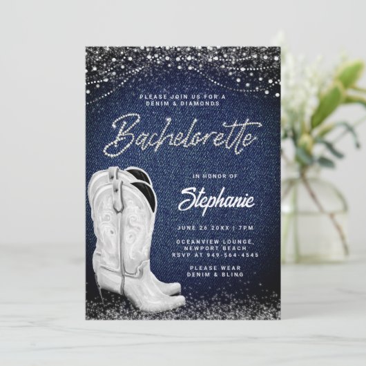 Denim Diamonds Cowgirl Laarzen Land Bachelorette Kaart (Staand voorkant)