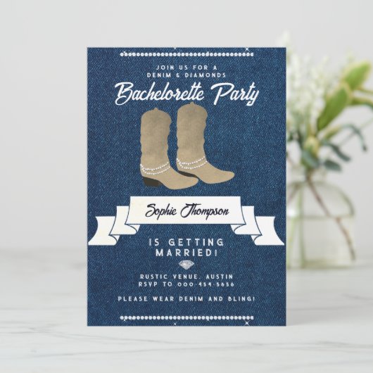 Denim Diamonds Cowgirl Laarzen Rustieke Bacheloret Kaart (Staand voorkant)