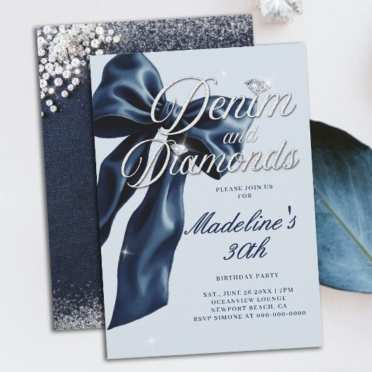 Denim Diamonds Donkere Blauwe Strik 30e Verjaardag Kaart