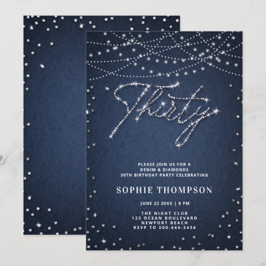 Denim Diamonds Elegant Glitter Blauw 30ste verjaar Kaart (Voorkant / Achterkant)