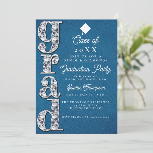 Denim Diamonds Elegant Script Graduparty Kaart (Staand voorkant)