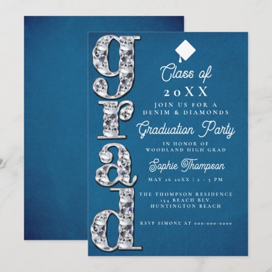Denim Diamonds Elegant Script Graduparty Kaart (Voorkant / Achterkant)