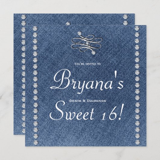 Denim & Diamonds Embleem Sweet 16 Uitnodiging (Voorkant / Achterkant)