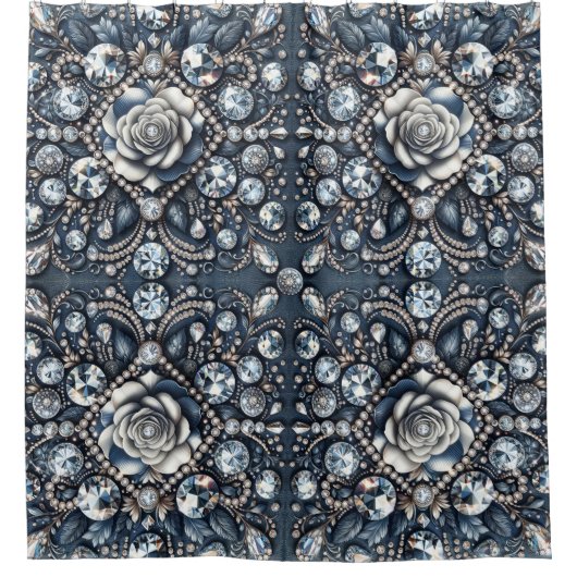 Denim & Diamonds Glam Bling Roos Juwelen Douchegordijn (Voorkant)