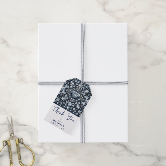 Denim & Diamonds Glam Bling Roos Verjaardagsfeest Cadeaulabel (Met Touw)