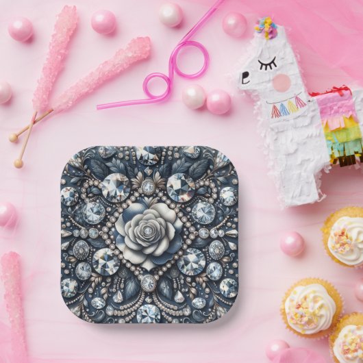 Denim & Diamonds Glam Bling Roos Verjaardagsfeest Papieren Bordje (Feest)