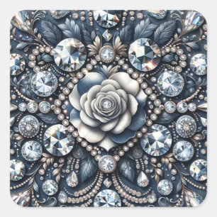 Denim & Diamonds Glam Bling Roos Verjaardagsfeest Vierkante Sticker