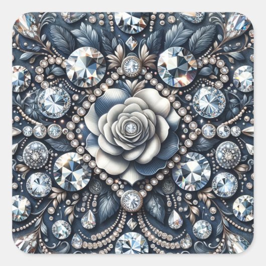 Denim & Diamonds Glam Bling Roos Verjaardagsfeest Vierkante Sticker (Voorkant)